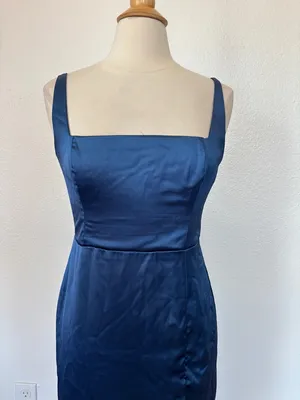 Lulu's Deep Blue Satin Square-Neck Midi Dress thumbnail 2
