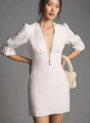 REFORMATION Simi Linen V-Neck Mini Dress White Sz 2 thumbnail 1