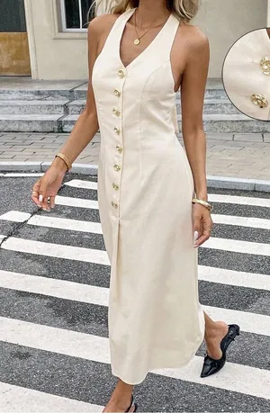 SHEIN Cream Halter Midi Dress Gold Button Detail Open Back Size M NWOT thumbnail 1