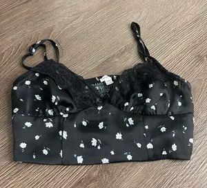 Garage Black Floral Lace Trim Satin Crop Top thumbnail 1