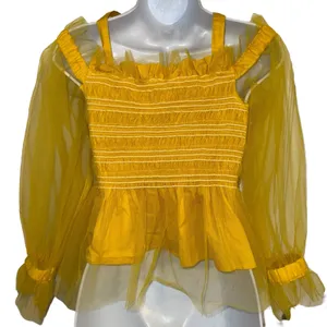 IRIS Bright Lemon‎ Yellow Smocked Cold Shoulder Tulle Puff Sleeve Peplum Top M thumbnail 7