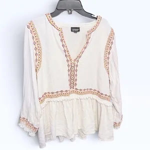 Topshop Ivory Embroidered Boho Peasant Blouse Babydoll Fringe Top US 12 thumbnail 2