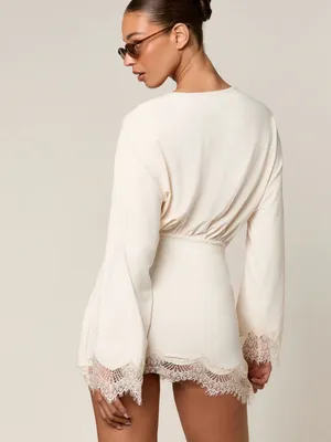 AiiRZ Long Sleeve Jersey Mini Dress With Lace Trim Cream Large NWT thumbnail 4