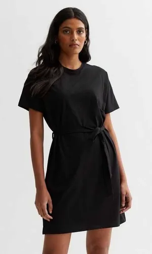 New Look Black Short Sleeve Tie Knot Basic Jersey Tunic T-Shirt Mini Dress Sz 0 thumbnail 1
