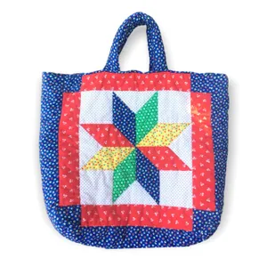 Vintage Handmade Star Quilt Square Quilted Calico Tote Handbag Red White Blue thumbnail 1