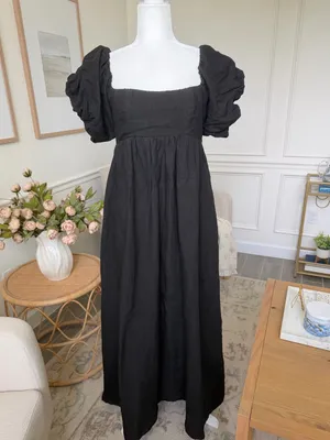 A. REN Candace Linen Maxi Dress Washed Black Puff Sleeve Smocked Back M thumbnail 3