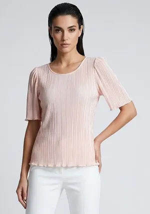 ANN TAYLOR | Baby Pink Crinkle Lettuce Hem Satin Blouse Sz M thumbnail 1