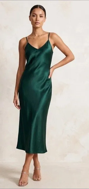 House of Harlow 1960 Green Satin V-Neck Slip Midi Dress Adjustable Straps M thumbnail 1