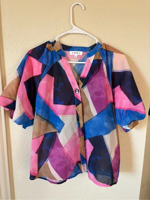 THML Pink Abstract Print V Neck Puff Sleeve Button Up Top Size Small thumbnail 2