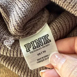VS PINK Taupe Knit Beanie Sparke Embellished Logo thumbnail 3