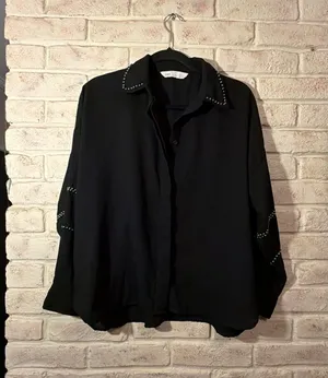 Zara Z1975 Denim Black Silver Studded Collar and Sleeve Long Sleeve Blouse thumbnail 1
