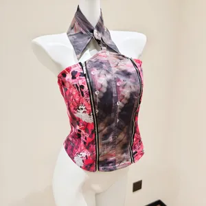 Edgy Printed Halter Corset Top Women Metal Ring thumbnail 3