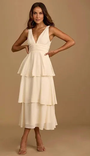 NWT Lulu's Celebration Time Sleeveless Tiered Midi Dress‎ in Cream Size Large thumbnail 1