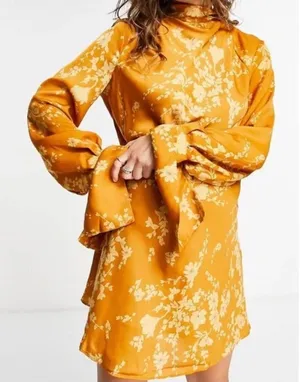 Free‎ People Aries Floral High Neck Open Back Gold Boho Mini Dress Size Small thumbnail 1