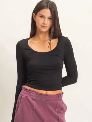 NEW Double Zero Black Scoop Neck Long Sleeve Top – Large thumbnail 1