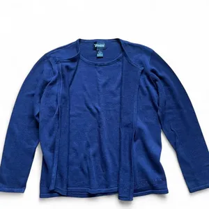 Y2K Cotton Ramie Navy Open Front Cardigan Sweater Embroidered Trim Vintage Sz S thumbnail 4