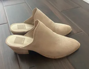 DV by Dolce Vita Shiloh Mules Western Stiching Low Stacked Heel Beige Suede Size 6.5 thumbnail 1