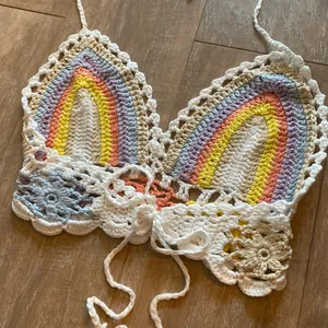 Crochet knit pastel rainbow crop top S NEW thumbnail 4