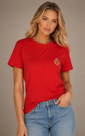Lauren Ralph Lauren Women's Red Crewneck T-shirt Embroidered Logo Small thumbnail 1
