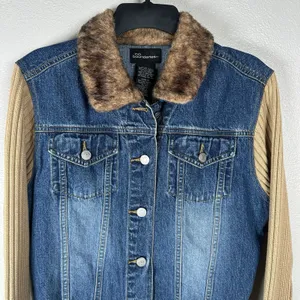 Y2K No Boundaries Fur Collar‎ Denim Jacket Sweater Ribbed 2000s Juniors Large thumbnail 3
