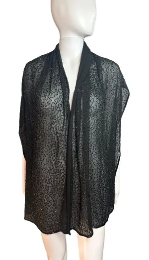 Silk Beaded Elegant Black Sheer Shawl Scarf Size OS thumbnail 1