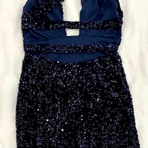 Juniors Navy Blue Sequin Halter Dress - New thumbnail 3