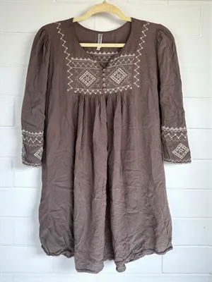 Monoreno Women's Large Brown Southwestern Embroidered Peasant Boho Tunic Top thumbnail 1