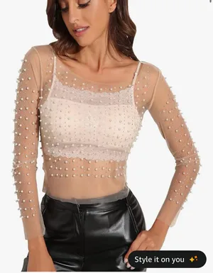 Amazon Pearl Rhinestone See Through Long Sleeve Blouse thumbnail 1