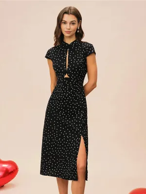Rihoas Black Mandarin Collar Polka Dot Midi Dress thumbnail 4