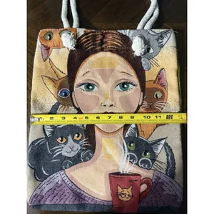 Handmade Artistic Tapestry Cat Lady Tote Bag With Rope Handles Coffee Mug Whimsical Boho thumbnail 2