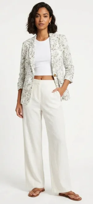 Briggs New York Tropical Leaf Print Linen-Blend Blazer Size M Sage Green thumbnail 1
