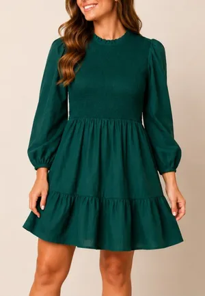 Anna-Kaci Smocked Mini Party Dress Emerald Green Womens Size Large Puff Sleeve thumbnail 1