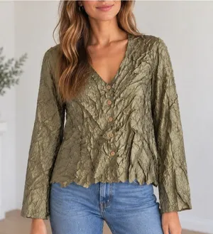 Jolie Mine Paris Olive Green Crinkle Blouse Button Front Long Sleeve Artsy thumbnail 1