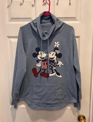 Disney Parks Mickey Minnie Americana Cowl Neck Hoodie Blue Womens L USA Flag‎ thumbnail 1
