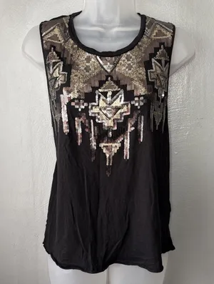 Express Sequin Tank Top Size Medium Black Gold Bling Indie Sleaze Southwestern thumbnail 1