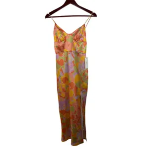 Runaway The Label Tammy Midi Dress S Floral Orange Yellow Satin Slit Retro New‎ thumbnail 11