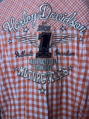 Harley Davidson Orange Gingham Snap Shirt‎ Embroidered Back Small thumbnail 8