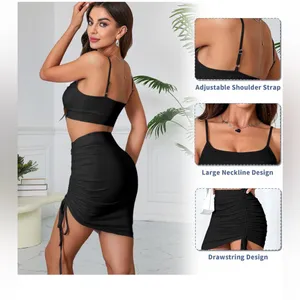 Black Ruched Crop Top & Skirt Set with Adjustable Straps Drawstring Sleeveless Size XXL thumbnail 3