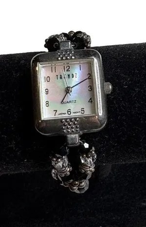 Trendz Pearlescent Face Crystal Beaded Clear Black Watch Womens 8" Toggle thumbnail 1