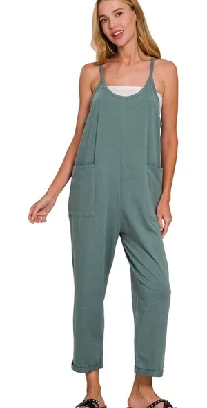 Zenana Women's Spaghetti Strap Pocketed Cotton Jumpsuit ash jade L/xl thumbnail 1