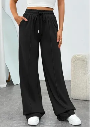 Trendy Queen‎ Womens Wide Leg Sweatpants Black High Waisted Pockets Size M thumbnail 1