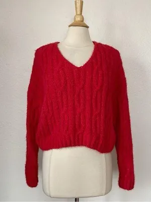Solid Red Cable Knit V-Neck Cropped Sweater thumbnail 1