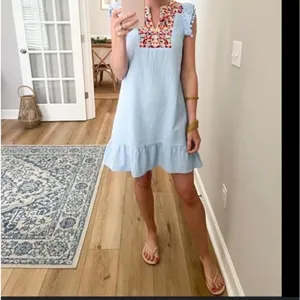 Kirundo Light Blue Embroidered Boho Flutter Sleeve Ruffle Mini Dress S thumbnail 5