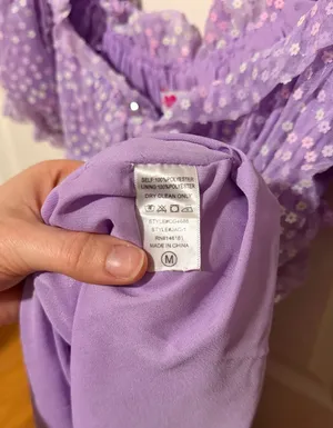 Buddy Love “Jac Puff” Sequin Purple Dress | M | Like-new Lavender Floral Overlay thumbnail 13