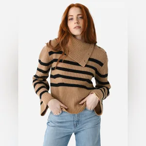 Simkhai Cashmere Wool Adrienne Striped Button Turtleneck Brown Sweater thumbnail 3