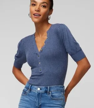 White House | Black Market Elbow Sleeve Cashmere Blend Puff Henley Sweater Blouse V-Neck Fuzzy Ribbed thumbnail 1