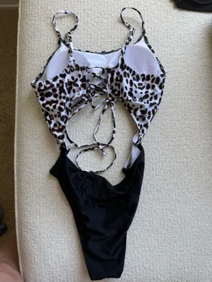 Forever 21 One-Piece Swimsuit in Black and Leopard Print Cut Out thumbnail 2