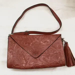 Vintage Red-brown genuine leather saddle shoulder crossbody clutch bag purse with tooled engraved minimalist floral design and crossbody messenger straps - perfect for a boho, western, or hippie look Measurement in pics thumbnail 1