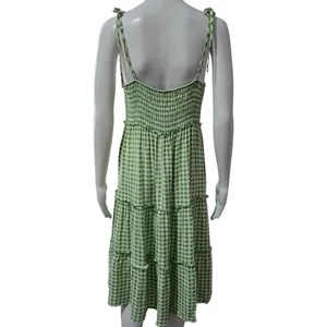 AS U Wish Gingham Smocked Tiered Midi Dress Green White Tie Shoulder Size L thumbnail 5