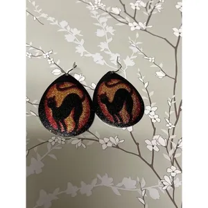 Black‎ Cat Halloween Teardrop Dangle Earrings Glitter Spooky Festive 2 Inch thumbnail 2